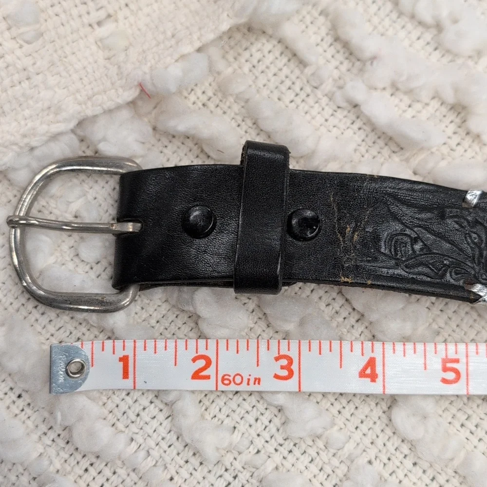 Vintage Western Black Leather Buckstitch Silver Longhorn Embossed Tooled Belt